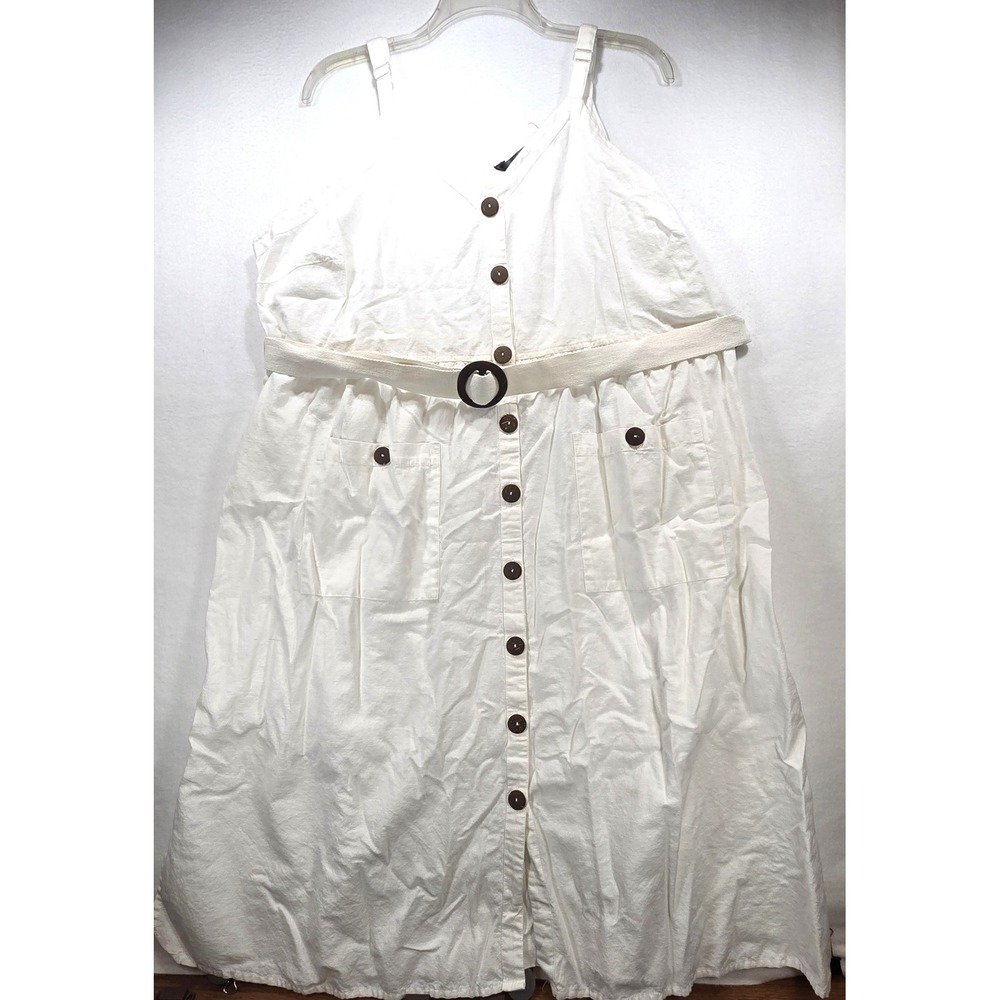 Mlle Gabrielle Womens 3X White‎ Button Front Belted Midi Sun Dress Sleeveless